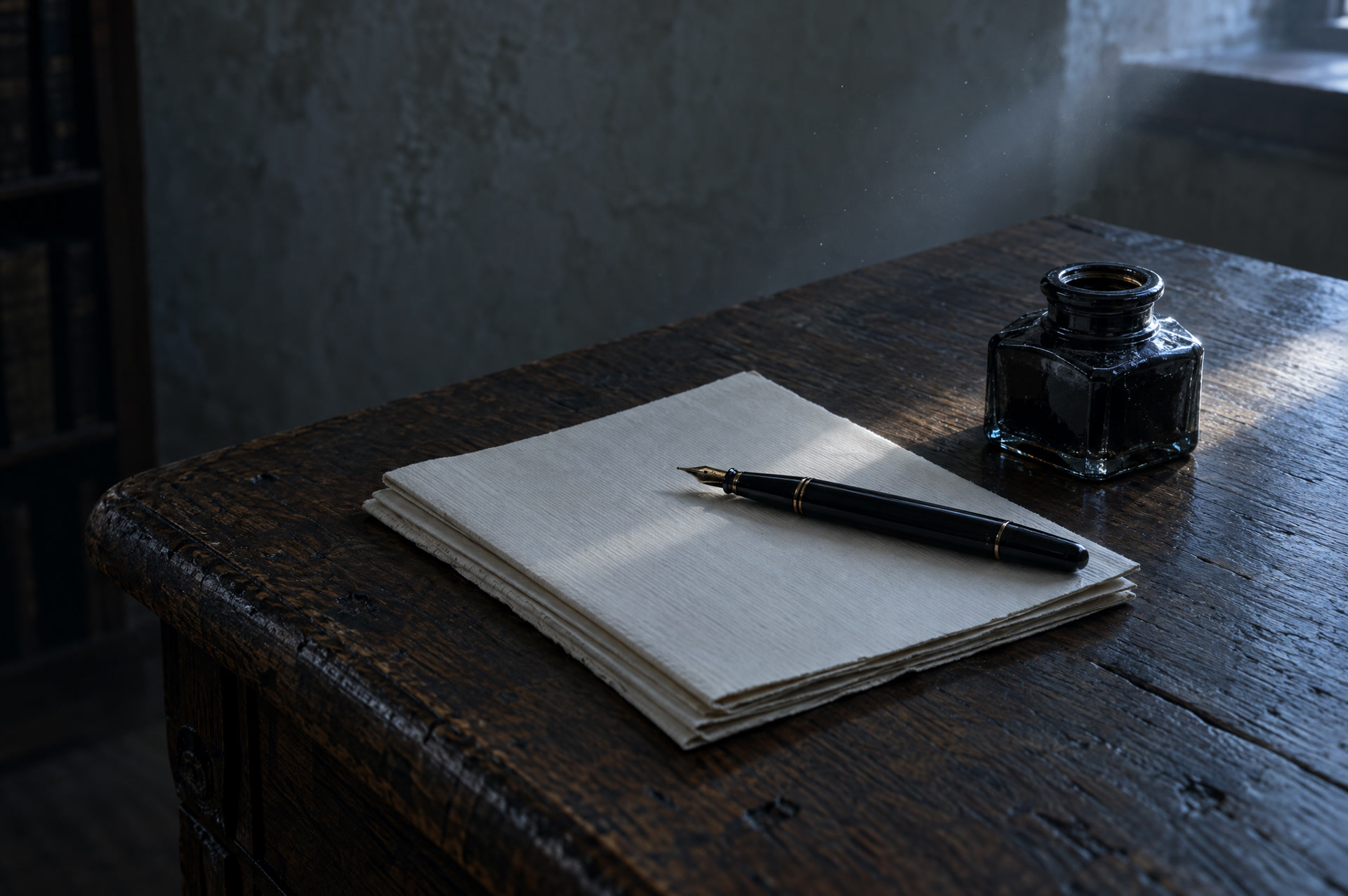 The edge of an oak desk with folded blank drafts and a fountain pen in pale morning light