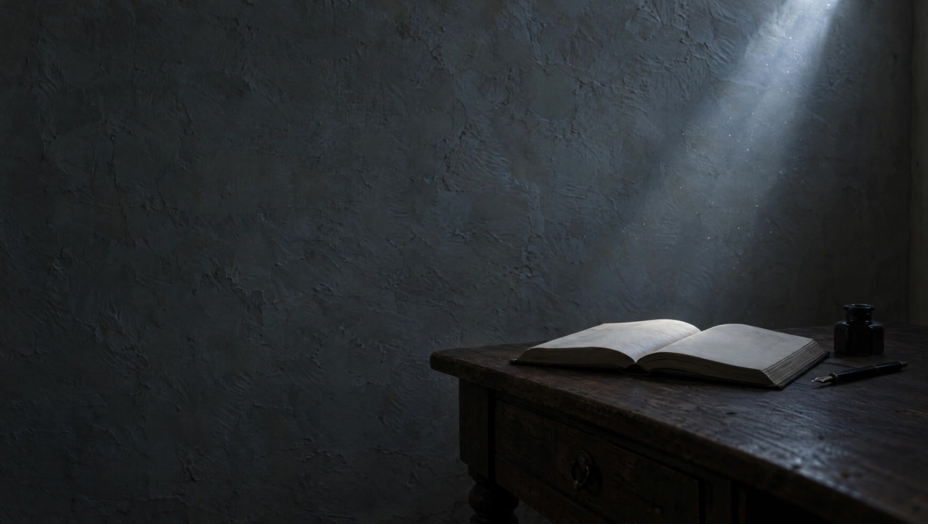 The open book on the oak desk, lit by the shaft of morning light