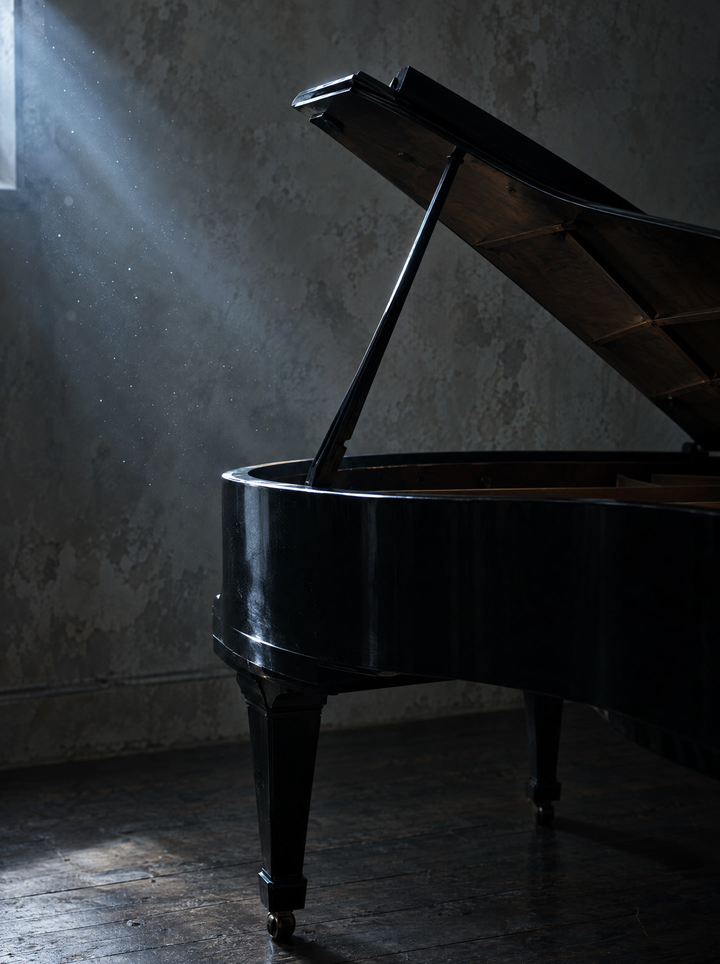 A piano with its lid open in a dark room, touched by the same pale light